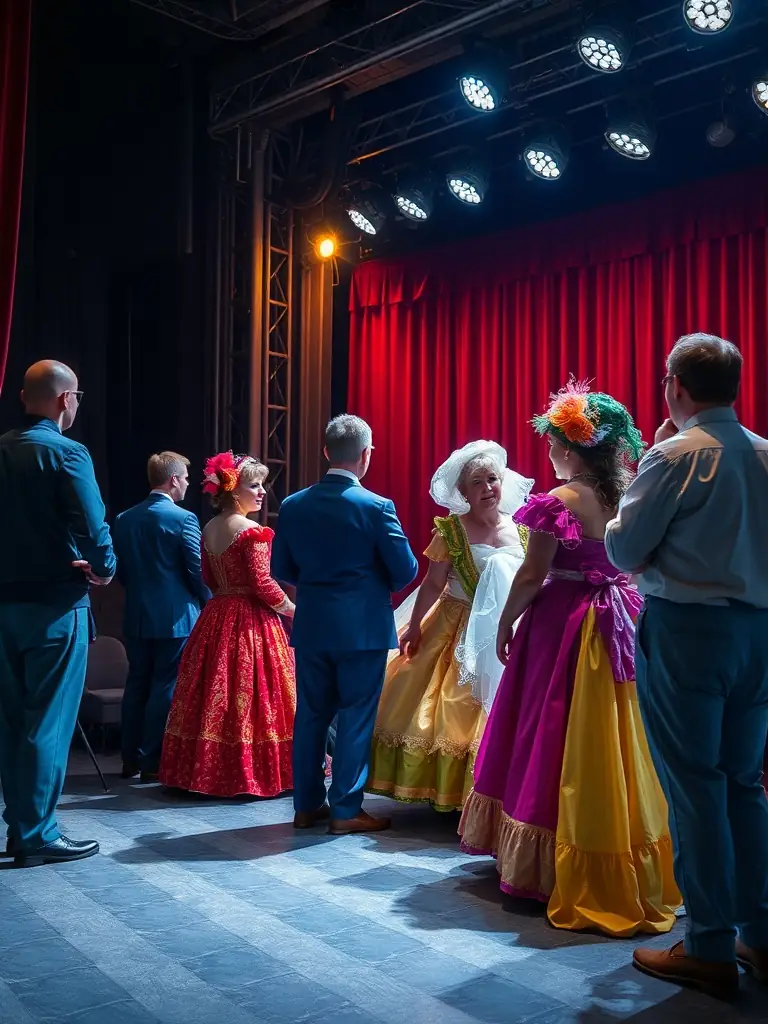 A photograph capturing a behind-the-scenes moment during a RE MAJEURE theatrical production, featuring actors in costume and stagehands preparing the set, highlighting artistic creation.