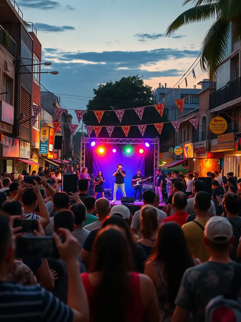 A dynamic image of a street performance during the RE MAJEURE festival, showcasing local artists and attracting a diverse crowd.