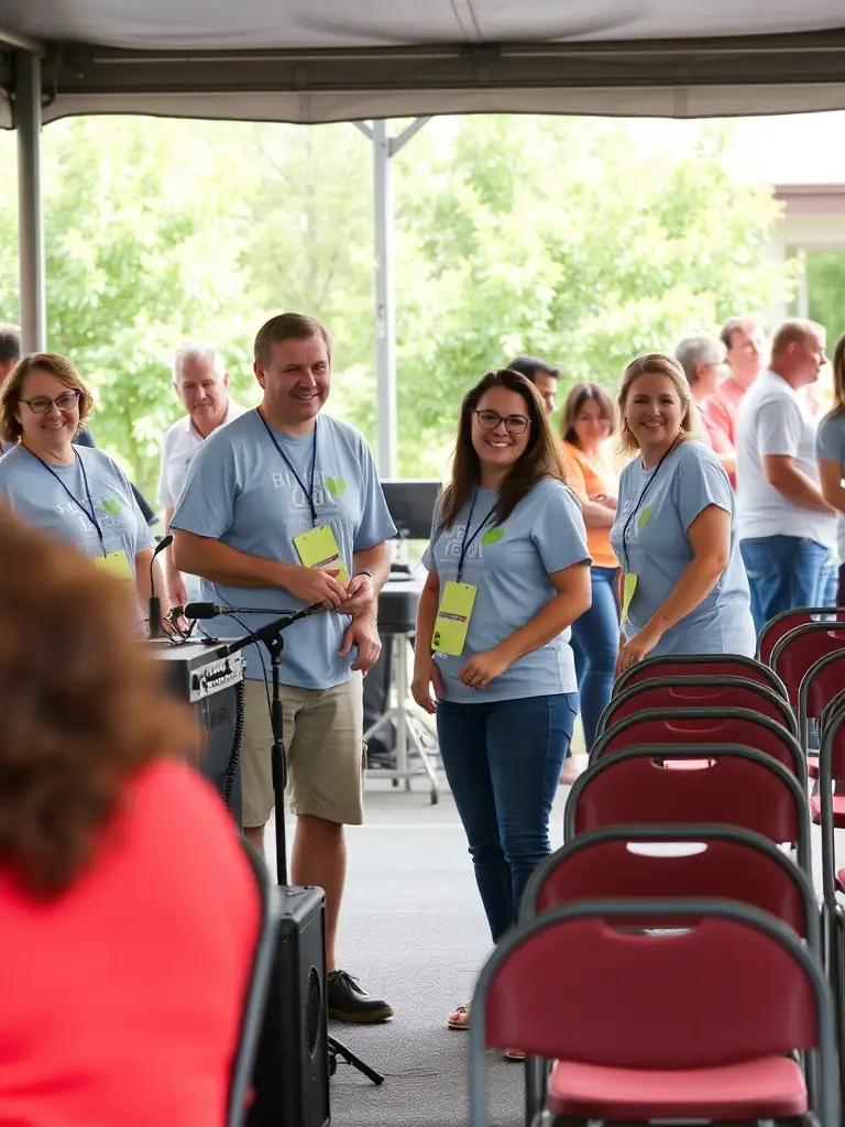A photo of volunteers working together at a RE MAJEURE community event, showing them setting up equipment and interacting with attendees, emphasizing the importance of volunteerism.