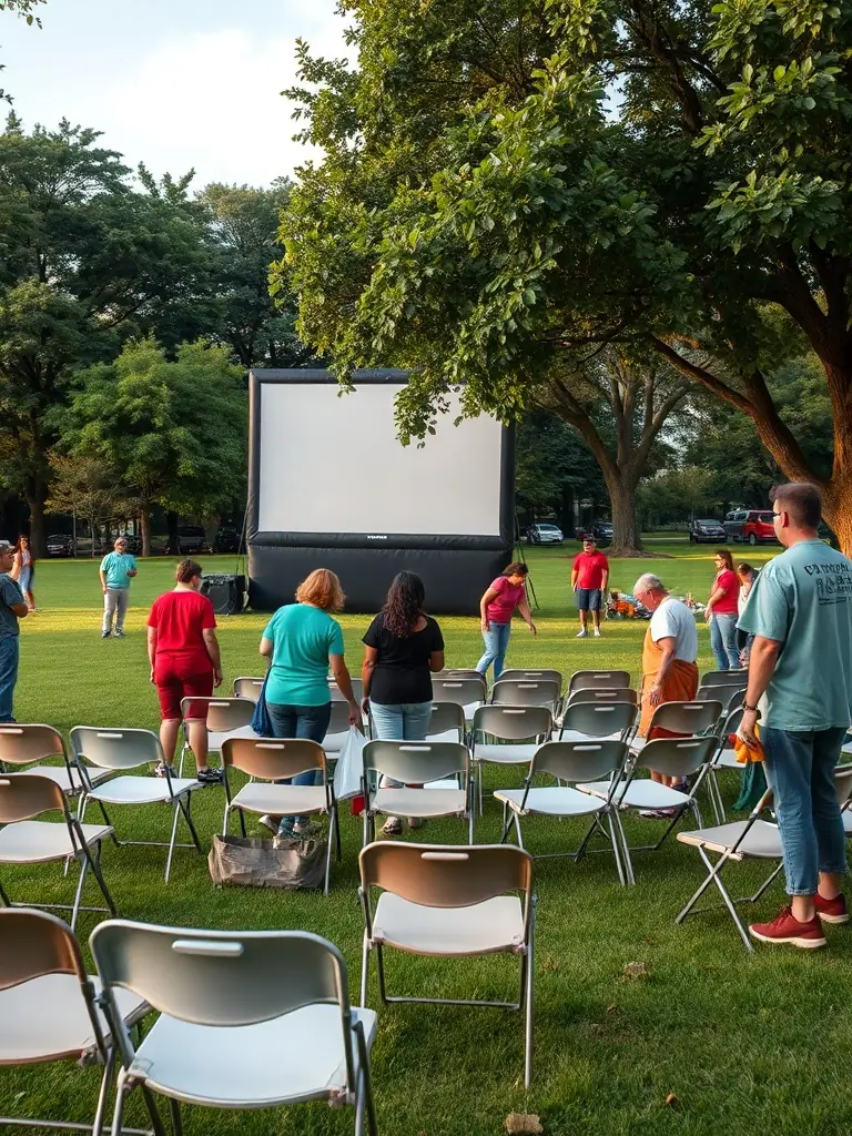 A photo of volunteers setting up for an outdoor cinema event, with a large screen and comfortable seating arrangements in a park.