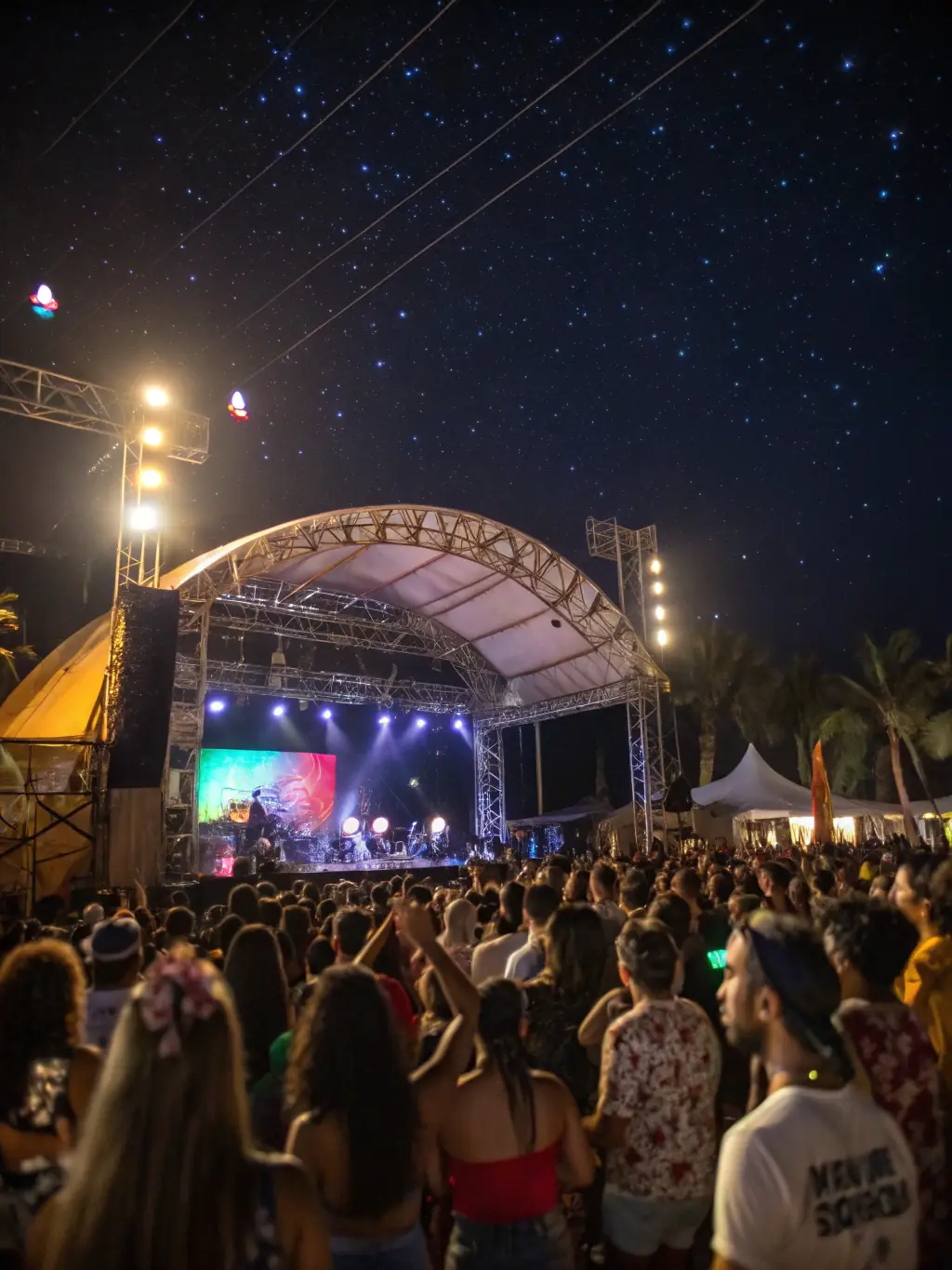 A vibrant image of a RE MAJEURE outdoor concert, showcasing a diverse audience enjoying live music under a starry night sky, emphasizing community engagement and cultural enrichment.