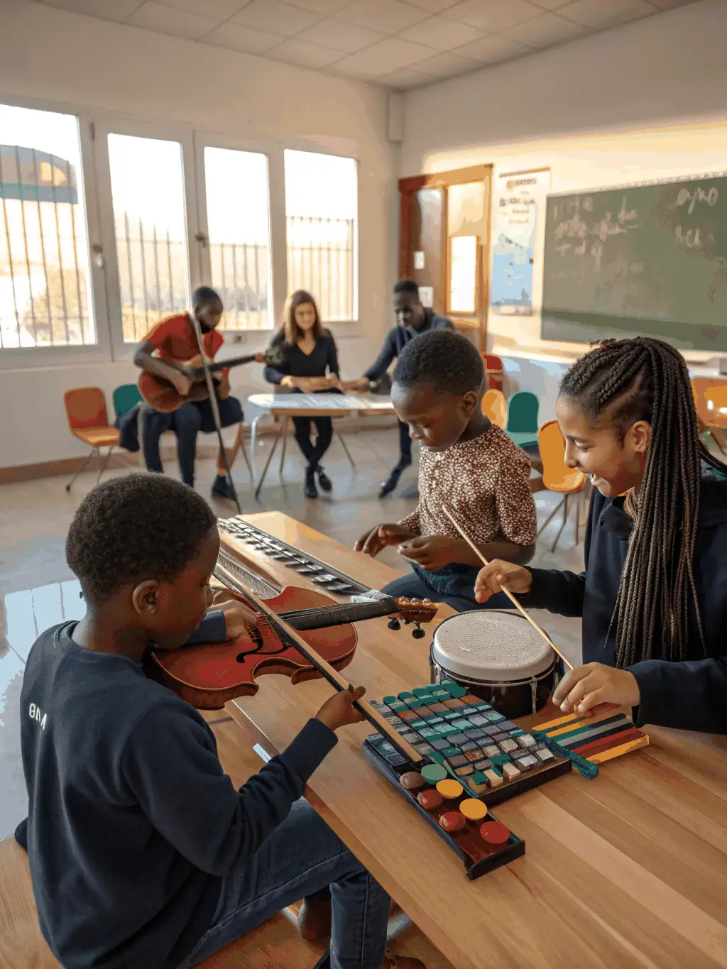 A vibrant photograph capturing a community music workshop in progress, with children and adults playing instruments together in a bright, open space.