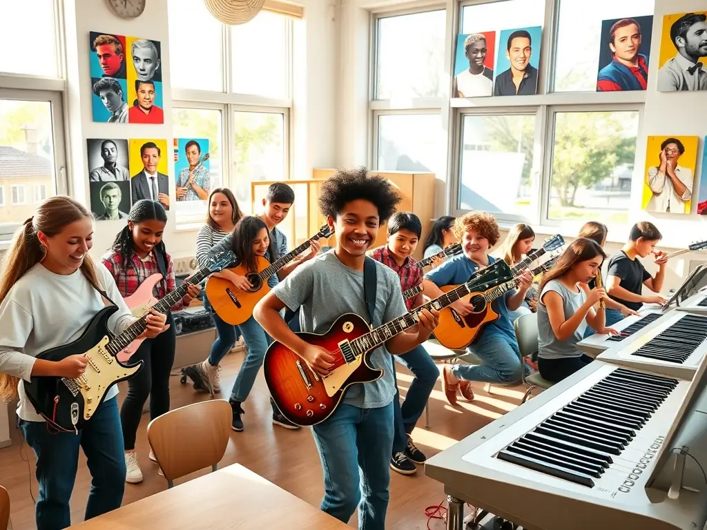 A photograph of a small group of people participating in a music workshop led by a RE MAJEURE artist. The image should highlight the interactive and educational aspects of the program, with participants actively engaged in learning and creating music.