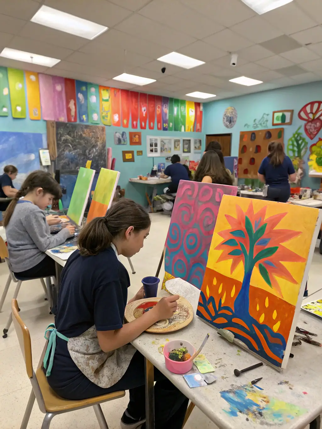 An image of children participating in an interactive art workshop organized by RE MAJEURE, with colorful paintings and smiling faces, illustrating the organization's commitment to youth engagement.