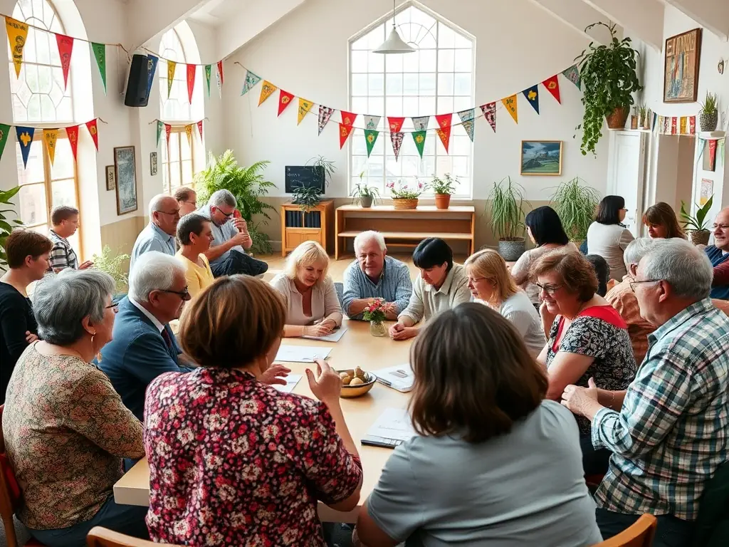 An image showcasing a RE MAJEURE-sponsored concert in a local community space, with people of all ages and backgrounds enjoying the performance. The image should emphasize the accessibility and inclusivity of RE MAJEURE's events, highlighting the organization's commitment to bringing culture to the community.